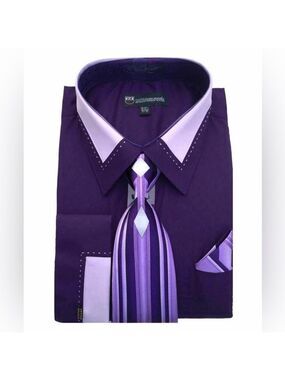 Men’s Deep Purple Dress Shirt, Tie & Hanky Sz 18-18 1/2
